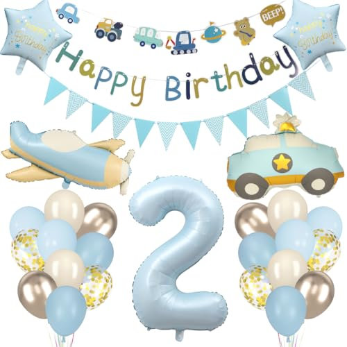 Deko 2. Geburtstag Junge, 2 Jahr Geburtstags Deko Pastel Blau, Kindergeburtstag Luftballon Auto Flugzeug, Ballon Zahl 2 mit Happy Birthday Girlande, 2. Geburtstagsdeko Mädchen Kinder