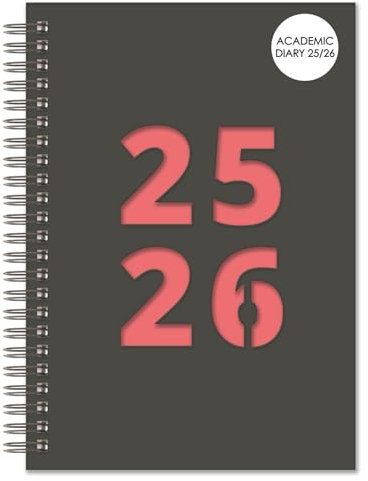 Schülerkalender 2025-2026, A5, Wochenansicht, robuster Spiralbindung, grauer Kunststoffeinband und rosa Einlage, Schüler- und Lehrer-Organizer, A5-Größe