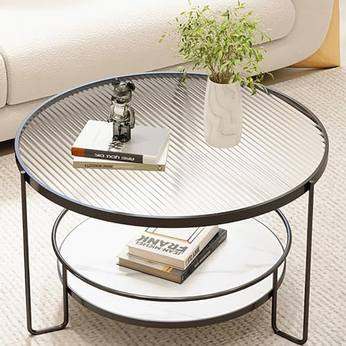 Mesa de centro cristal, Mesa de Esquina Redonda de 2 Niveles, estilo minimalista, Estructura de hierro forjado + vidrio templado, Para Salón Dormitorio Oficina, Fácil montaje(Black A,70x45cm/27.5x17.7