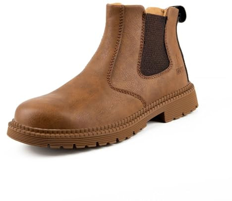 RenDiuJups Botas con punta de acero for hombre y mujer, impermeables, ligeras, sin cordones, de seguridad, cómodas, for trabajos de construcción industrial.(Khaki,42 EU)
