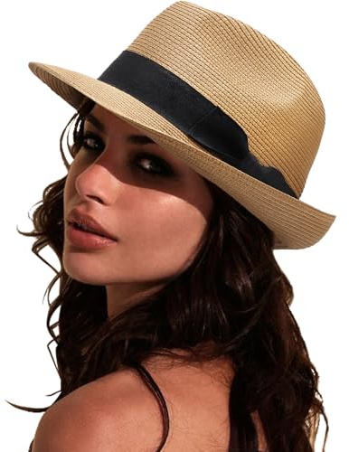 DRESHOW Damen Panama Hut Breiter Krempe Stroh Sommer Fedora Strohhut Panama Aufrollen Hut Strand Rollbar UV Sonnenhut UPF 50 +
