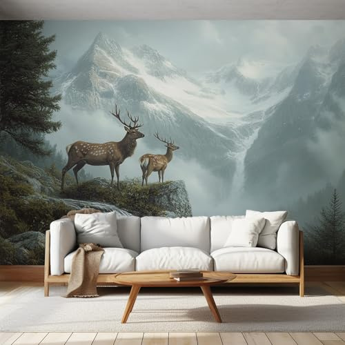 Generisch Fototapete Reh Tapete Berg Elch Landschaft für Wohnzimmer Schlafzimmer Wand Deko, Vliestapete Wallpaper Wandtapete, 350 x 256 cm &WP