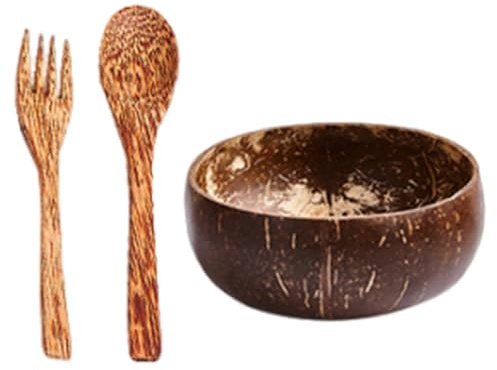 PawwJoy Kokosnussschalen-Set mit Löffel und Gabel, handgefertigt, Kokosnussschalen, 13 cm, Müslischalen, Salat, Smoothie, Schüsseln für Picknick, Essen