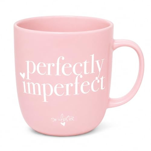 ReWu PPD Henkelbecher Perfectly Imperfect Weiß Rosa Pink - 350ml | Porzellan, Kaffeebecher mit Schriftzug, Spülmaschinenfest, Geschenkidee