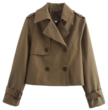 Cropped Trench Coat for Women Long Sleeve Double Breasted Notched Lapel Casual Loose Fit Jackets with Pockets Short Jacket Outwear
