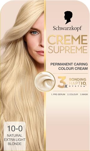 Schwarzkopf Creme Supreme 10-0 Natural Extra Light Blonde, Permanent Hair Dye, Caring Hair Dye Colouration with 3-Step Bonding System Against Damage, 100% Grey Coverage