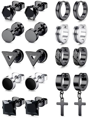 Adramata Boucle d'Oreille Homme Noir Hypoallergéniques Boucles d'Oreilles Acier Inoxydable Boucle d'Oreille Creole Clous d'Oreilles Lot Bijoux Homme