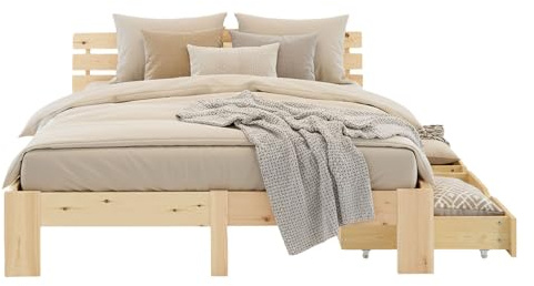 Homestyle4u Holzbett 160x200 cm mit Matratze, Lattenrost und 2 Schubladen Natur – Massivholz Kiefer Doppelbett Stauraumbett für Schlafzimmer & Gästezimmer, massives Bett Stauraum Bett, Artikel 3205