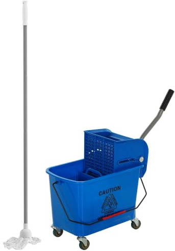 HOMCOM Cubo de Fregona con Ruedas 20 L Sistema de Escurridor Mopa Azul | Cubo de Fregar, Asa de Transporte, para Doméstico y Comercial