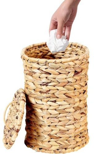 Woven Trash Can, Woven Water Hyacinth Trash Can with Lid, Natural Handwoven Waste Basket, Decorative Rustic Storage Bin for Home Office Bedroom Living Room, Eco-Friendly, Gourd Grass Rustic Decor