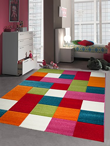 CARPETIA Kinderteppich Kinderzimmerteppich Kinderzimmer Teppich Karo bunt türkis orange Weiss rot pink Größe 120x170 cm