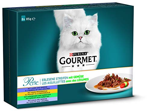 PURINA GOURMET Perle Erlesene Streifen mit Gemüse Katzenfutter nass, Sorten-Mix, 10er Pack (10 x 8 Beutel à 85g)