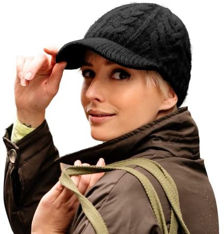 Comhats 100% Wolle Winter Schirmmütze Damen Strickmütze mit Schirm Warme Beanie Skimütze Outdoor Schwarz