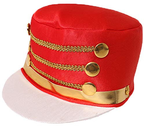 CHAPEAU MAJORETTE ROUGE POUR FEMME - GRAND CHAPEAU DE SOLDAT JOUET ROUGE AVEC BORD BLANCHE, BOUTONS DORÉS ET DÉTAILS - NOËL CASSE-NOISETTE POM-POM GIRL ACCESSOIRE DE DÉGUISEMENT - TAILLE UNIQUE