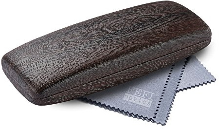 FEFI Hardcase Brillenetui in neuer Holz-Optik - Mit Metallscharnier - Inklusive hochwertigem Brillenputztuch/Mikrofasertuch (Dunkelbraun)