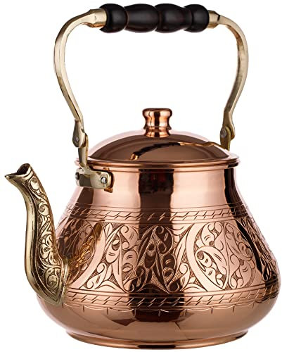 DEMMEX Large Copper Teapot, 1mm Thick, Engraved, Handcrafted in Turkey, 3.1 Quarts (2.9L)