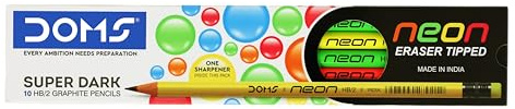 Doms Neon Pencil Eraser Tipped Graphite Pencils Sharpener Pack of 10 Draw Write Sketch, Black