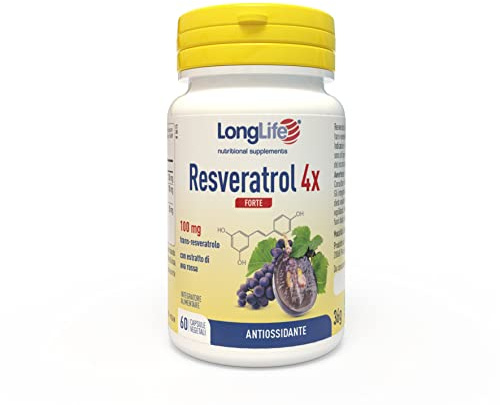 LongLife® Resveratrol 4x Forte | con Veri-te® | Trans-resveratrolo con estratto di uva rossa | Microcircolo e benessere cardiovascolare | Azione antiossidante | 60 capsule | Vegano e senza glutine