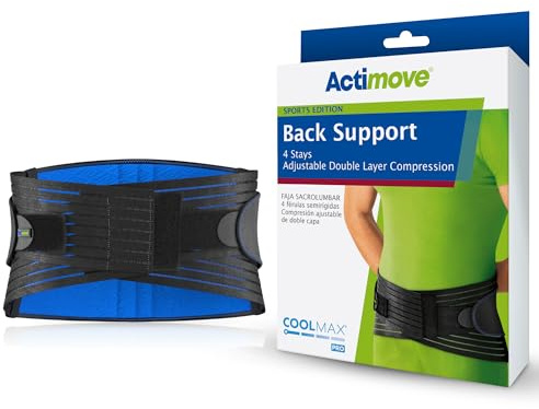 Actimove Sports Edition Back Support 4 Stays Double Layer Compression | Black, Small Adjustable, For Back Strains, Muscle Insufficiency