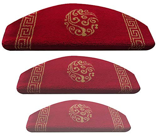 Halbrunder Rutschfester Treppenteppich, Roter Selbstansaugender Treppenmatten, Waschbare Stufenmatten, Retro-Muster Mit 3cm Saum, Umweltfreundliches Material,15pc-65x24cm