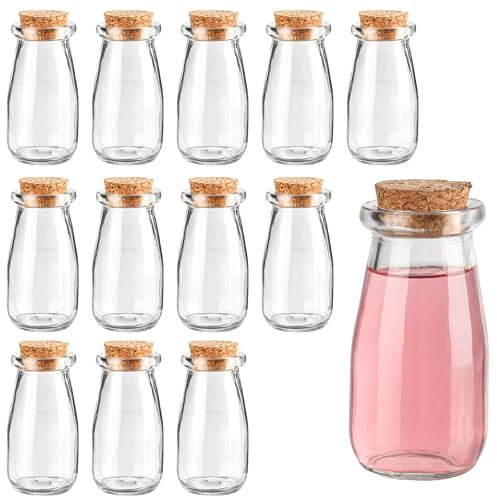BELLE VOUS Small Glass Jars with Lids (12 Pack) - 100ml Mini Storage Bottles for Wedding Favours/Potion Bottles - Small Glass Bottles with Cork Lids