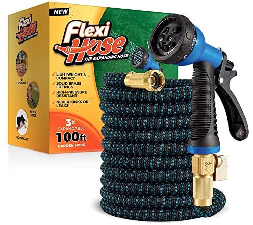 Schlauch Flexibel - Ausziehbare Garten Schlauch Flex - 8 Funktion Spritzpistole - Schlauch Automatik - Flexibler Wasserschlauch - Flexi Hose - Flexi Gartenschlauch (Blau/Schwarz - 30 Meter)