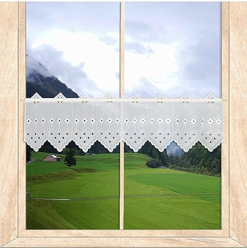atelier alles-Spitze Stickerei-Scheibengardinen Lisa HxB 20x128 cm | Blickdichte Kurzgardine mit Lochstickerei auf weißem Käseleinen | atelier alles-Spitze