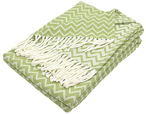 Moon Luxury Decke aus Baumwollmischung ca. 130x170 Kuscheldecke Zick-Zack Muster Tagesdecke mit Fransen leicht & kuschelig (weiß/hellgrün)