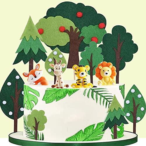 KKSJK 14 Stück Dschungel Tortendeko Set, 4 Stück Tier Cake Toppers, 10 Stück Baum Tortenaufleger, Kinder Wald Thema Party Kuchen Zubehör, Geburtstag Party Decoration für Mädchen und Jungen