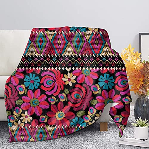 HUGS IDEA Blumen-Decke, ethnischer Stil, indisches Tribal-Blumenmuster, Flanell-Plüschdecke und Überwurf, Fuchsia, Afrika, abstrakte Blume für Zuhause, Büro, Bett, Sofa, 3XL