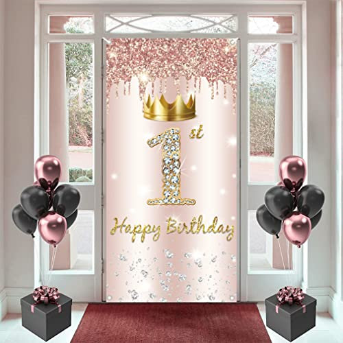 1st Birthday Decorations for Girl, Roseold Fabric Sign Poster, Happy 1st Birthday Wall/Door Banner 1 Year Old Party Supplies Photo Backdground Welcome Sign, 180cm x 90cm