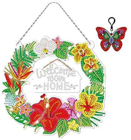 TROYSINC 5D DIY Diamond Painting Kranz mit Licht, DIY Diamant Painting Set, Kristall Malerei Bilder Türkranz Anhänger mit Schlüsselanhänger Wanddekor (Stil A)