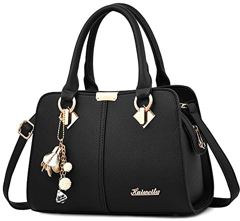 DORRISO Handtasche Damen Mittelgroß - Elegante Große Kapazität Wasserdicht PU Leder Mode Ornamente Abnehmbarem Schulterriemen für Reisen Arbeit Einkaufen Matt Schwarz