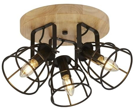 Vision 3 Light Cage Runde Deckenleuchte, Mattschwarz & Holz