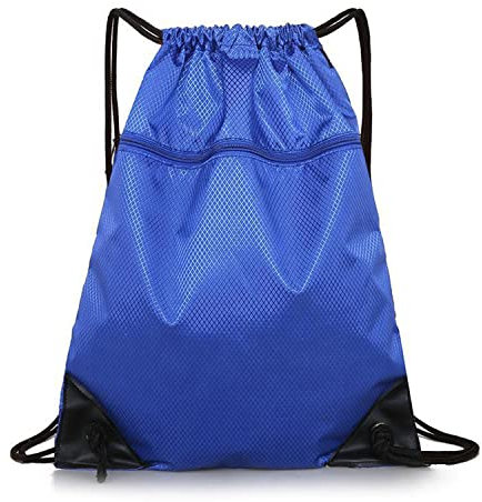 Drawstring Bag PE Pull Rope Bag Waterproof Gym Backpack with Zip Pocket String Sack for Women Men Trainer Bag for Sports Beach School Swimming Storage - Blue