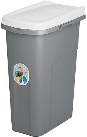 Home Centre Plastic Lift Top Lid Waste Bin Kitchen School 15 Litre White-Grey Slim Recycling General Trash & Storage Recycled Rubbish Organiser Container Dustbin Sturdy Quality Made in Italy
