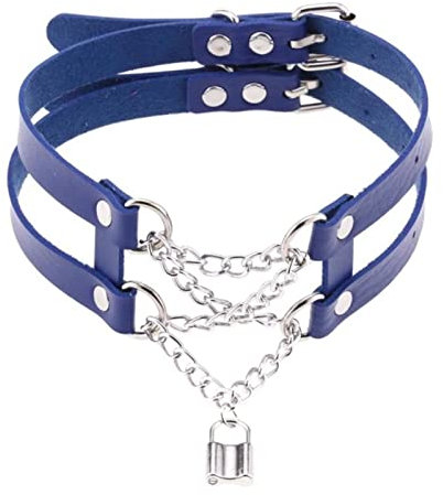 WEITING Necklaces For Women Girls Lock Chain Leather Chocker Buckle Collar Festival Gothic Accessories-blue