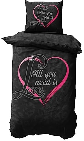 Leonado Vicenti 2 teilig Microfaser Partner Bettwäsche 155x200 Schwarz mit Herz in Pink und Love Fotodruck mit Reißverschluss