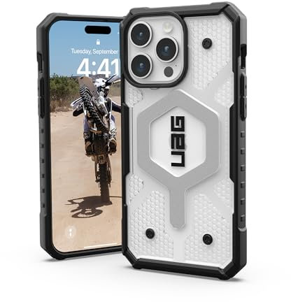 URBAN ARMOR GEAR UAG [Aktualisierte Ver] Kompatibel mit iPhone 15 Pro Max Hülle 6,7 Zoll Pathfinder Clear Ice/Silver Eingebauter Magnet Kompatibel mit MagSafe Charging Rugged Transparent Schutzhülle