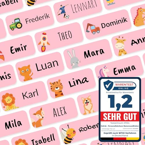 Namensaufkleber für Kinder (108 Stk. 30x13 mm) - Wasserfeste Namensschilder für Kleidung, Textilien und Gegenstände - Optimal für Kita, Kindergarten und Schule - Schöne Motive personalisierbar