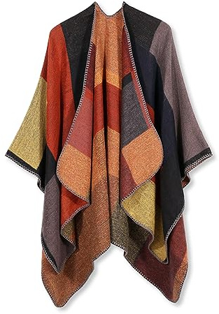 LumiSyne Dam vinter kashmir sjal stickad poncho cape färgblockerat rutigt mönster öppen framsida cardigan filt varm halsduk, Khaki, one size