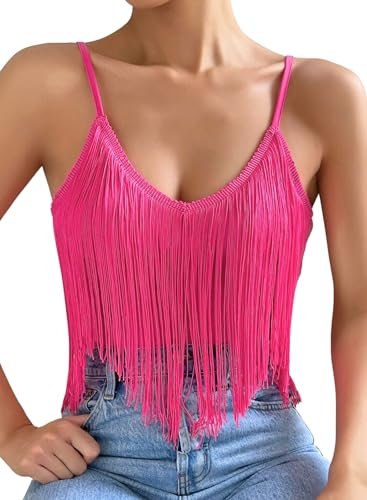 Canotta Donna Estiva con Frange - Maglia Smanicata Scollo A V Elegante Casual Top Abbigliamento Camicie Corsetto Rave Festival Coachella Outfit(Pink,M,10742r)