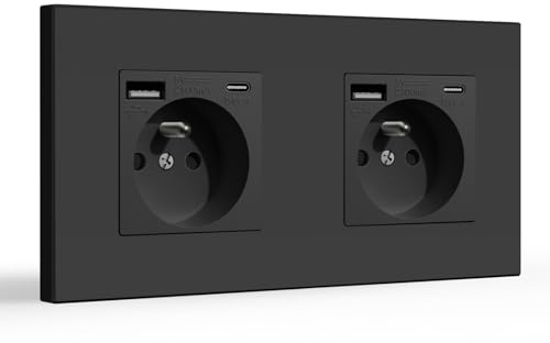 BSEED Double Prise Murale avec USB et 1 Type C,Prise de Courant Alternatif avec Panneau en Plastique,Multiprise Murale(Max 2.1A),Convient au Smartphone,à la Tablette (2 Prise avec USB et Type C,Noir)