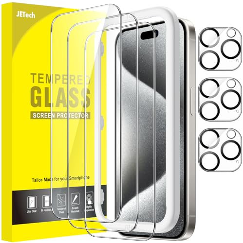 JETech Protector de Pantalla para iPhone 15 Pro 6,1 Pulgadas y Protector Lente Cámara, Sin Burbujas, Marco de Instalación Fácil, Cristal Vidrio Templado, HD Transparente, 3 Paquetes Cada Uno