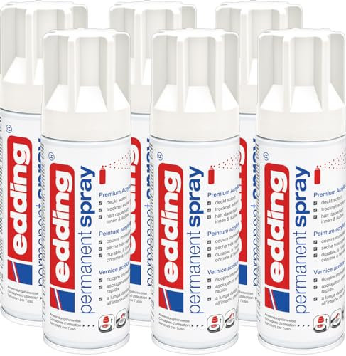 edding 5200 Permanent Spray - verkehrsweiß matt - 6x 200 ml - Acryllack zum Lackieren und Dekorieren von Glas, Metall, Holz, Keramik, Kunststoff, Leinwand - Lackspray, Acrylspray