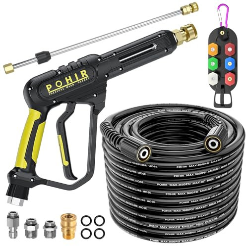 POHIR Pressure Washer Gun and Hose 3600 PSI, Pressure Washer Hose 50ft and Gun, 3/8 Quick Connect Swivel, M22 15mm/14mm Fittings, 30 Extension Wand & 7 Nozzle Tips - for Home & Outdoor Cleaning