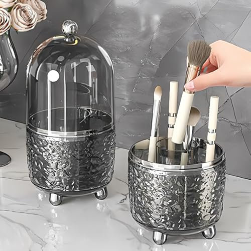 Terafeels Makeup Brush Holder with Lid 360° - Rotating Make Up Brush Organiser for Dressing Tables and Bathroom Black8402