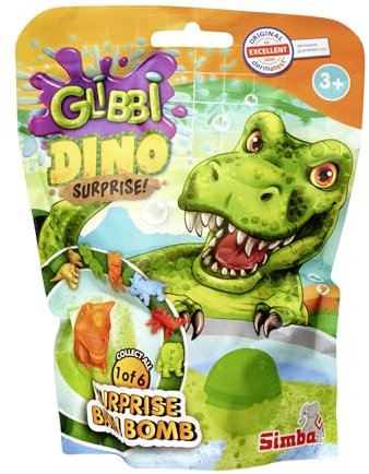 Glibbi Dino Surprise, Badebombe in 1 von 3 Farben (blau, grün, orange) mit Überraschung, 1 von 6 Figuren, 100g, Badespaß ab 3 Jahren