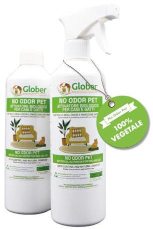 GLOBER No Odor Pet - Elimina Odori e Macchie di Cani e Gatti - Made in Italy Spray 2x500ml 100% Vegetale - Rimuove Urina da Tessuti e Superfici - Attivatore Biologico Igenizzante Animali Domestici