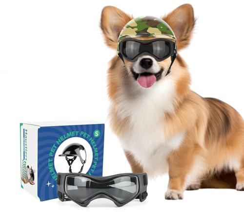 PETLESO Hundebrille mit Helm, Hundehelm und -Brille 2 Stück Set für kleine und mittlere Hunde - Tarnung